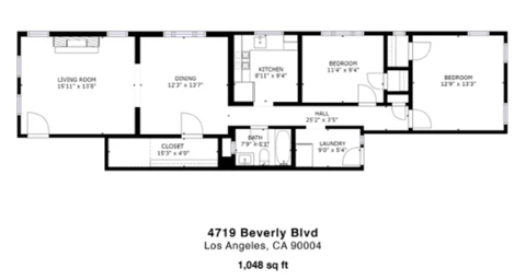 Floor plan for 2 beds, 1 bath, 1048 sqft